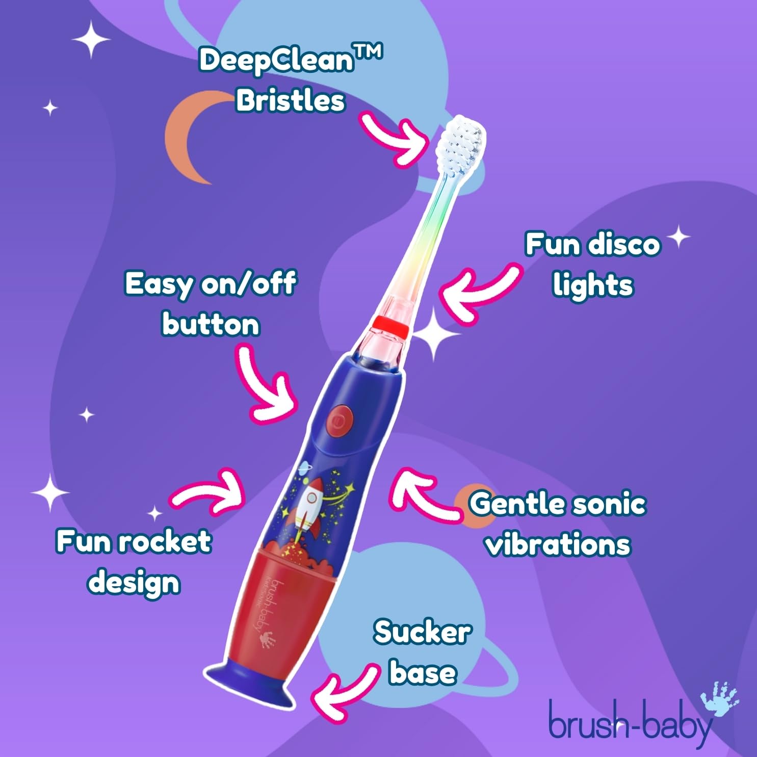 Two-minute disco timer display on KidzSonic Rocket toothbrush