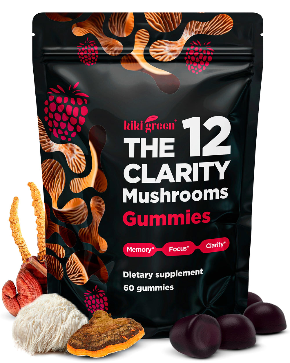 KIKI Green 12 Mushroom Gummies Raspberry flavor bottle and gummies