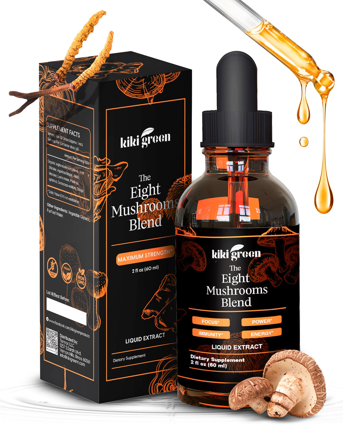 Kiki Green 8 Mushrooms Liquid Extract Drops bottle front view