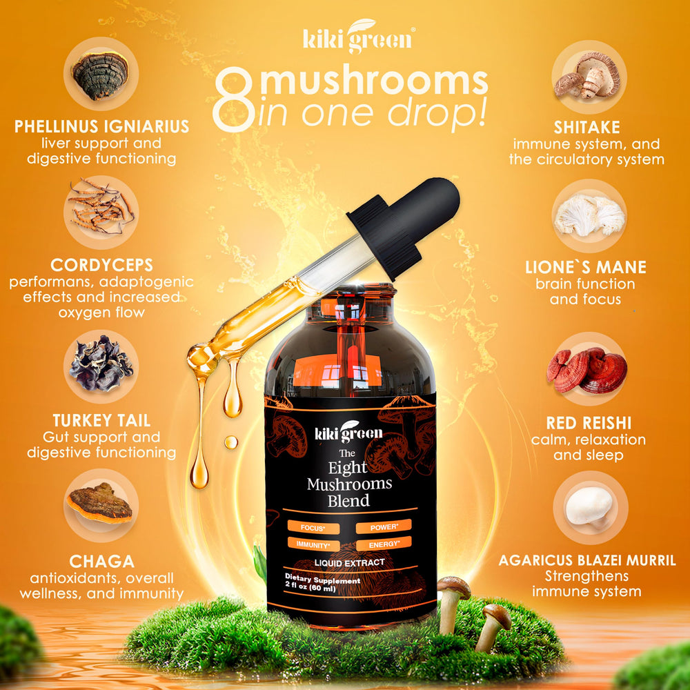Bottle label featuring Lions Mane Cordyceps Chaga Reishi Shiitake Maitake and Red Reishi