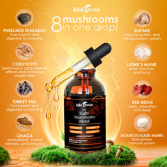 Bottle label featuring Lions Mane Cordyceps Chaga Reishi Shiitake Maitake and Red Reishi