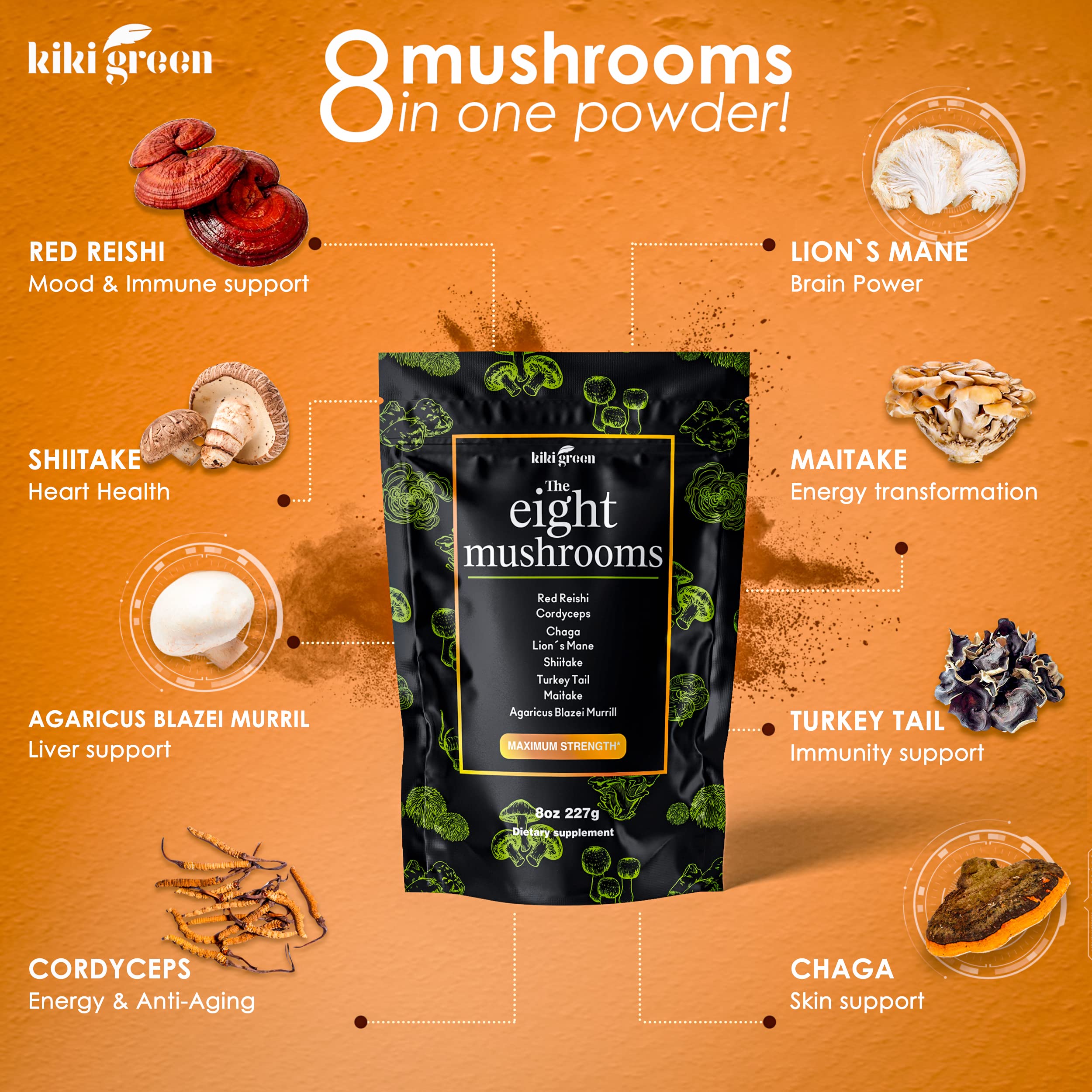 KIKI Green 8 Mushroom Powder Extract back panel with nutrition