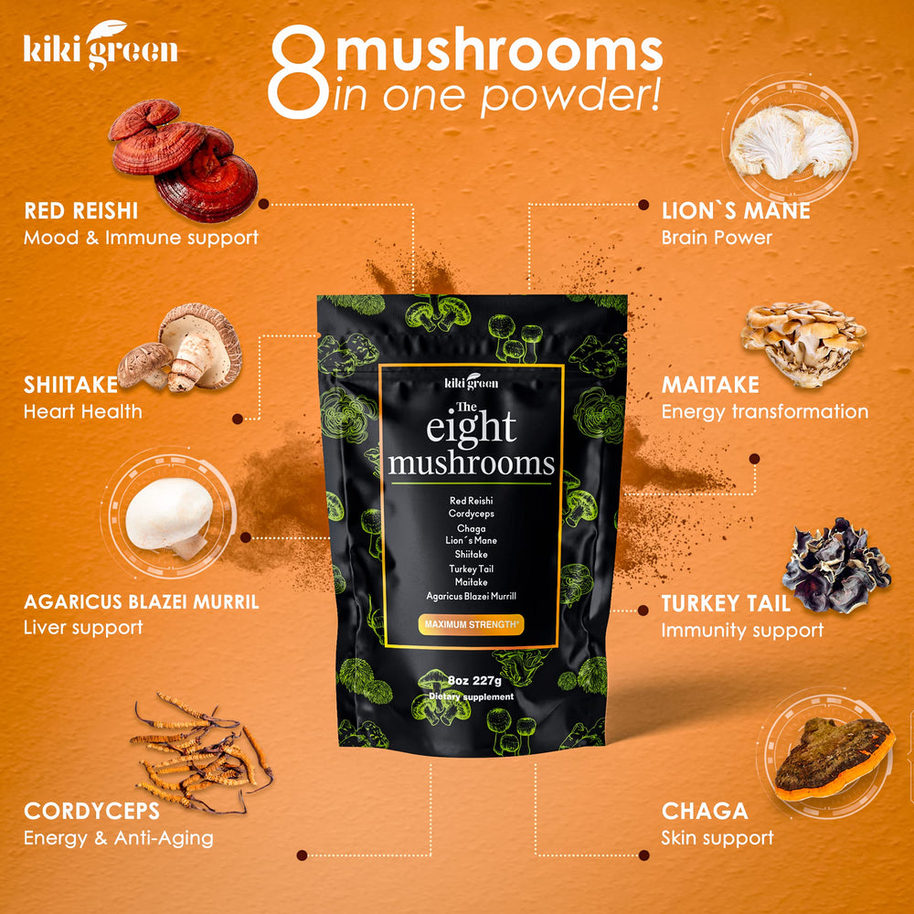 KIKI Green 8 Mushroom Powder Extract back panel with nutrition