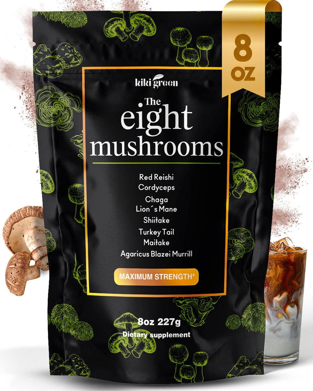KIKI Green 8 Mushroom Powder Extract front view 8 oz