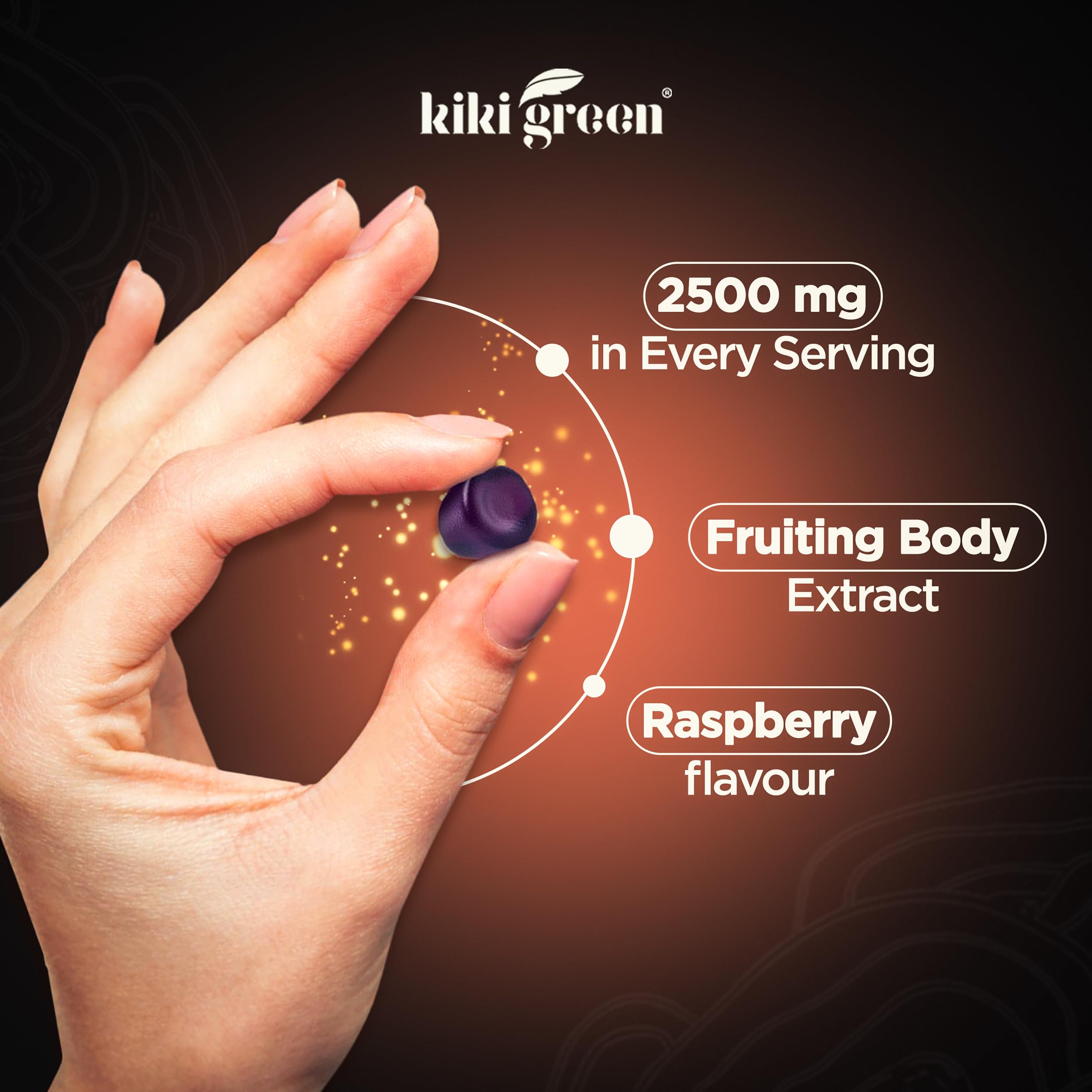 KIKI Green Mushroom Gummies raspberry flavor close-up