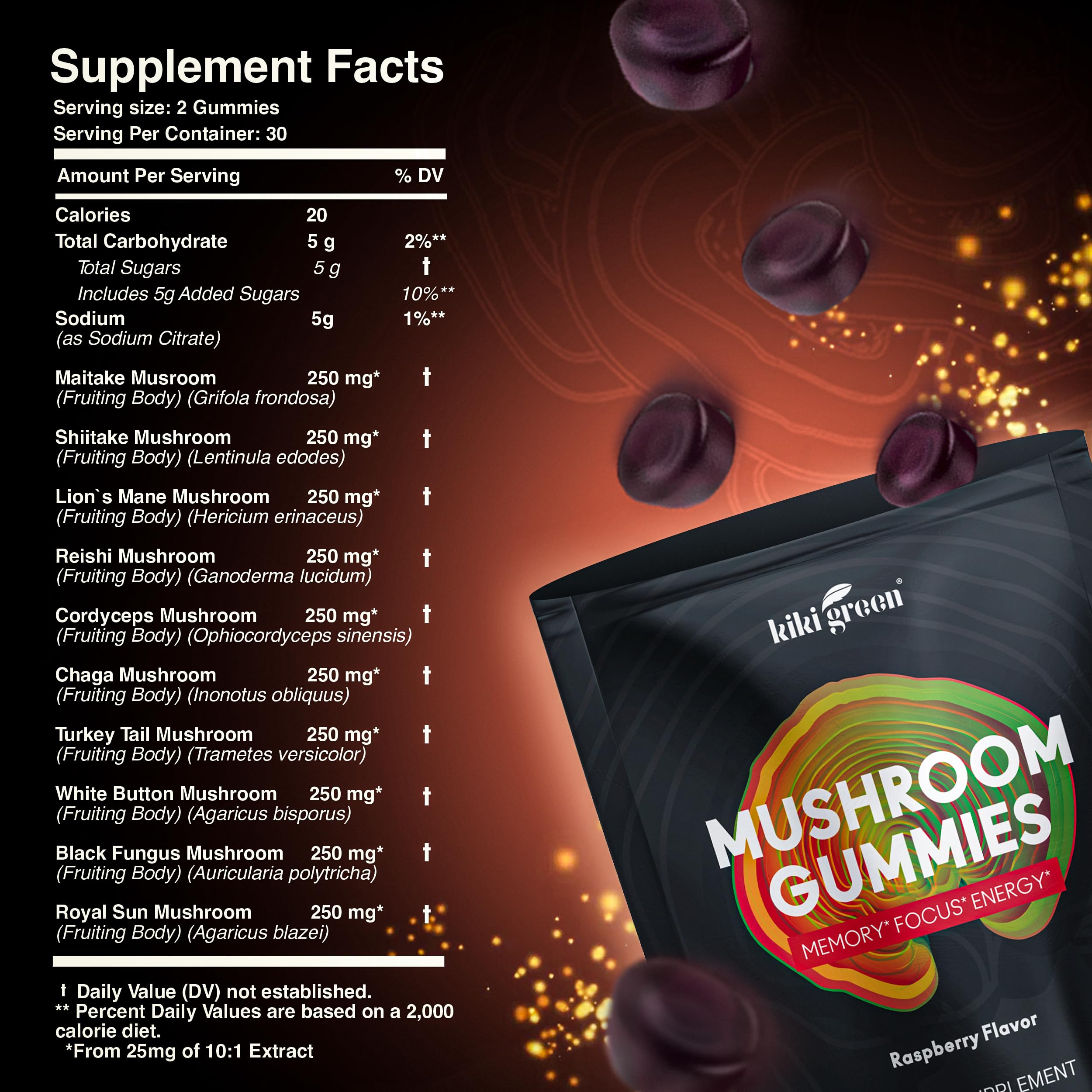 KIKI Green Mushroom Gummies packaging highlighting vegan and gluten-free claims