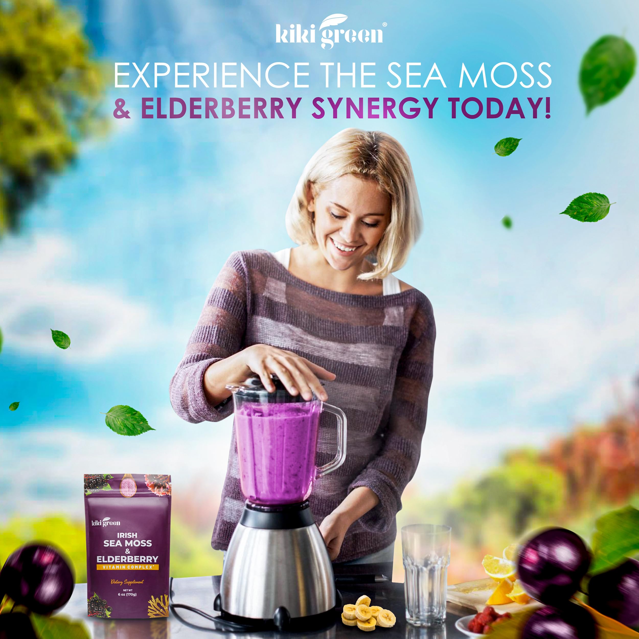 Nutrition facts and ingredients panel for KIKI Green Sea Moss Powder with Elderberry