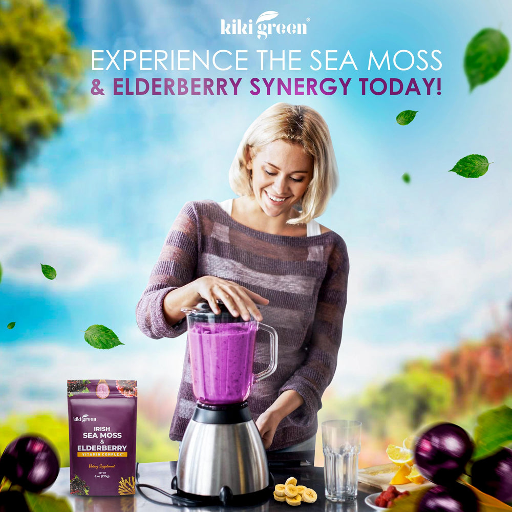 Nutrition facts and ingredients panel for KIKI Green Sea Moss Powder with Elderberry