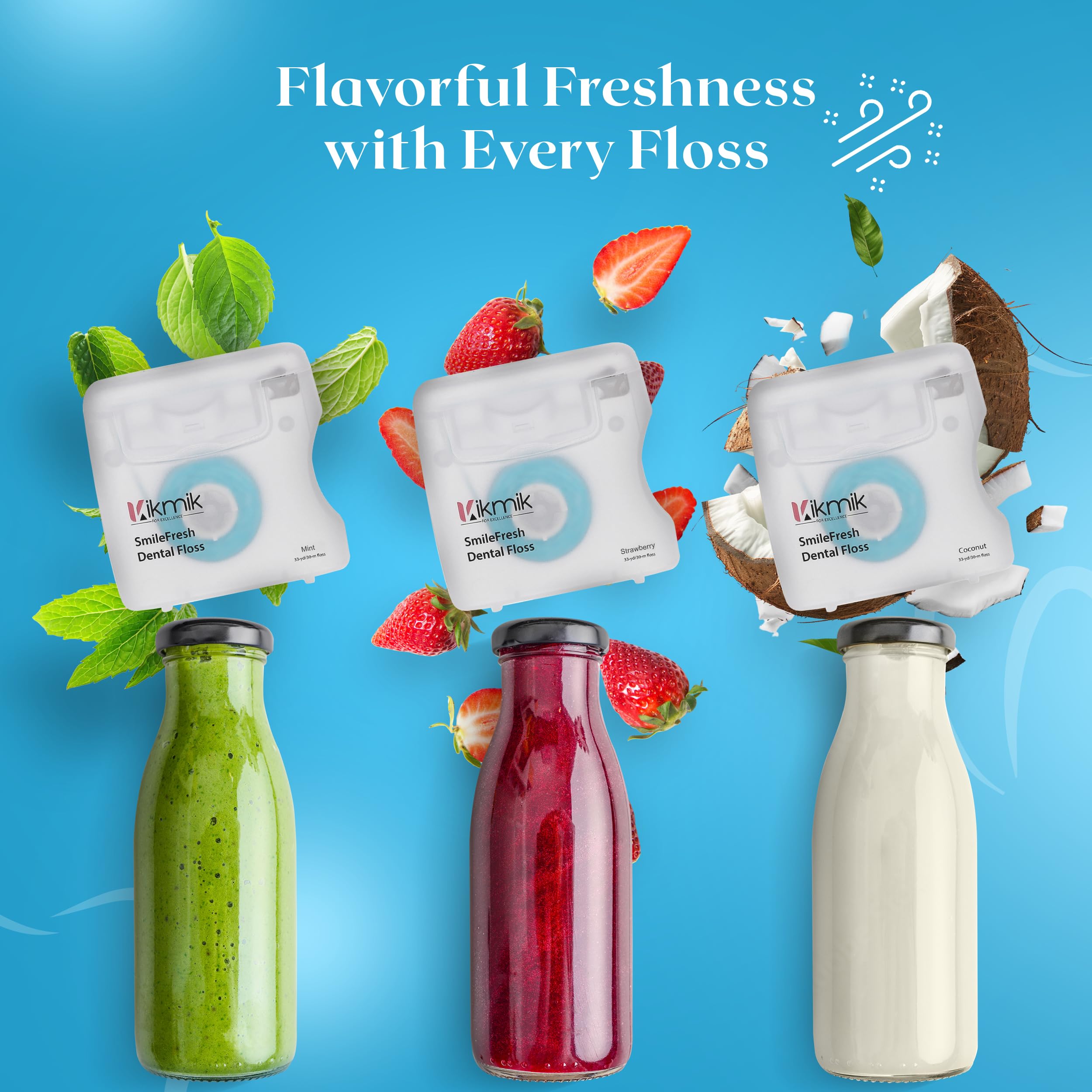 Instructional diagram showing flossing with Kikmik floss