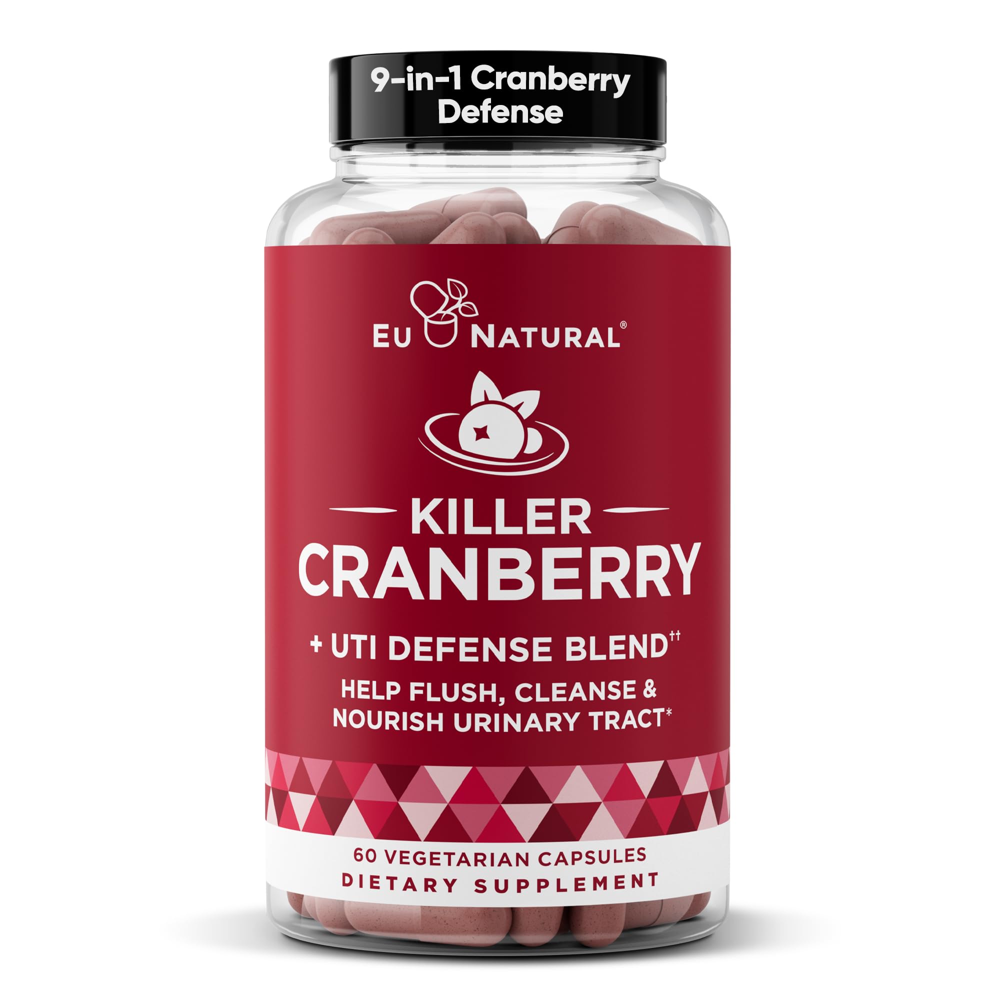 Front view of Killer Cranberry Pills bottle with 60 capsules