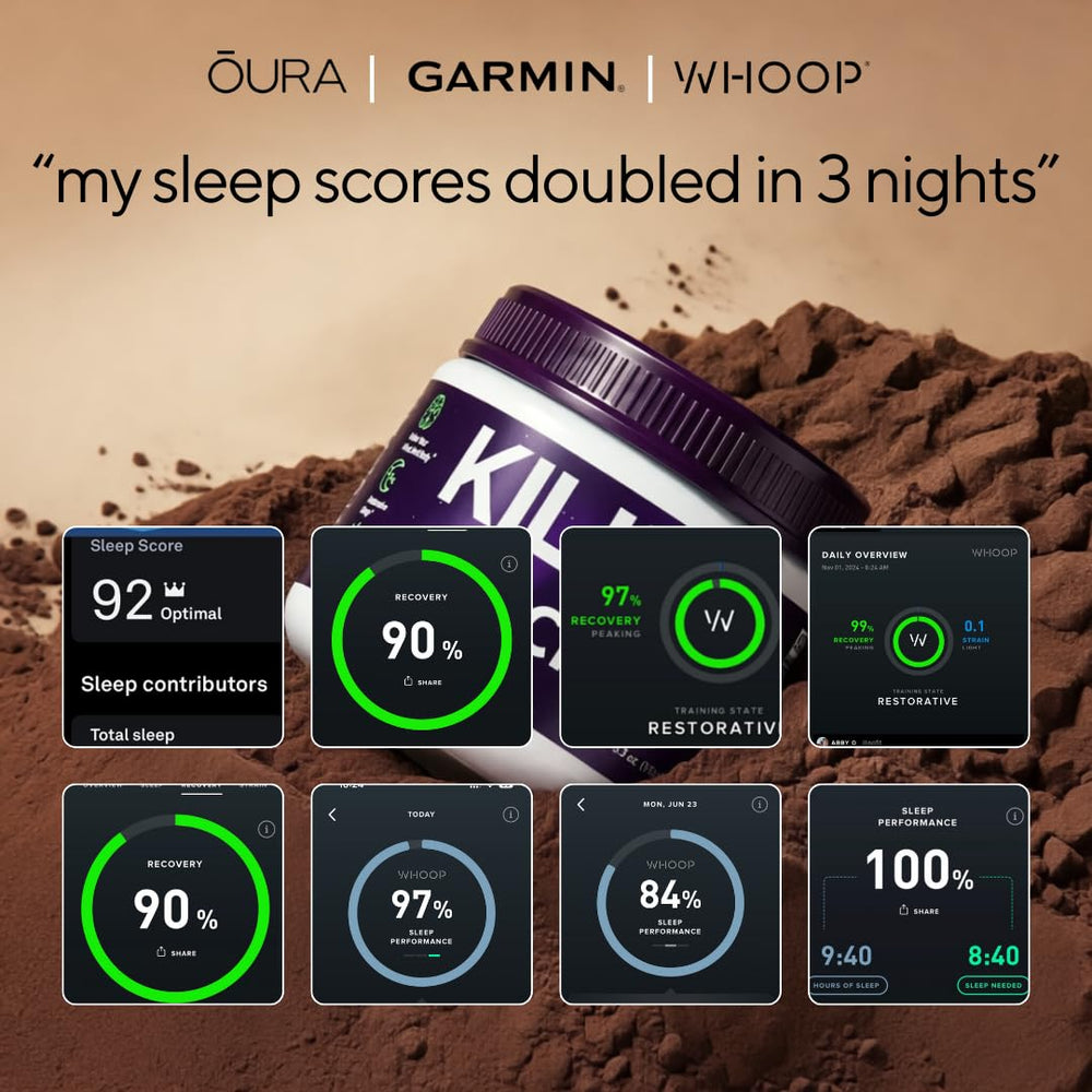 Close-up of Sleep Cocoa powder ingredients: Tart Cherry, Magnesium, L-Theanine