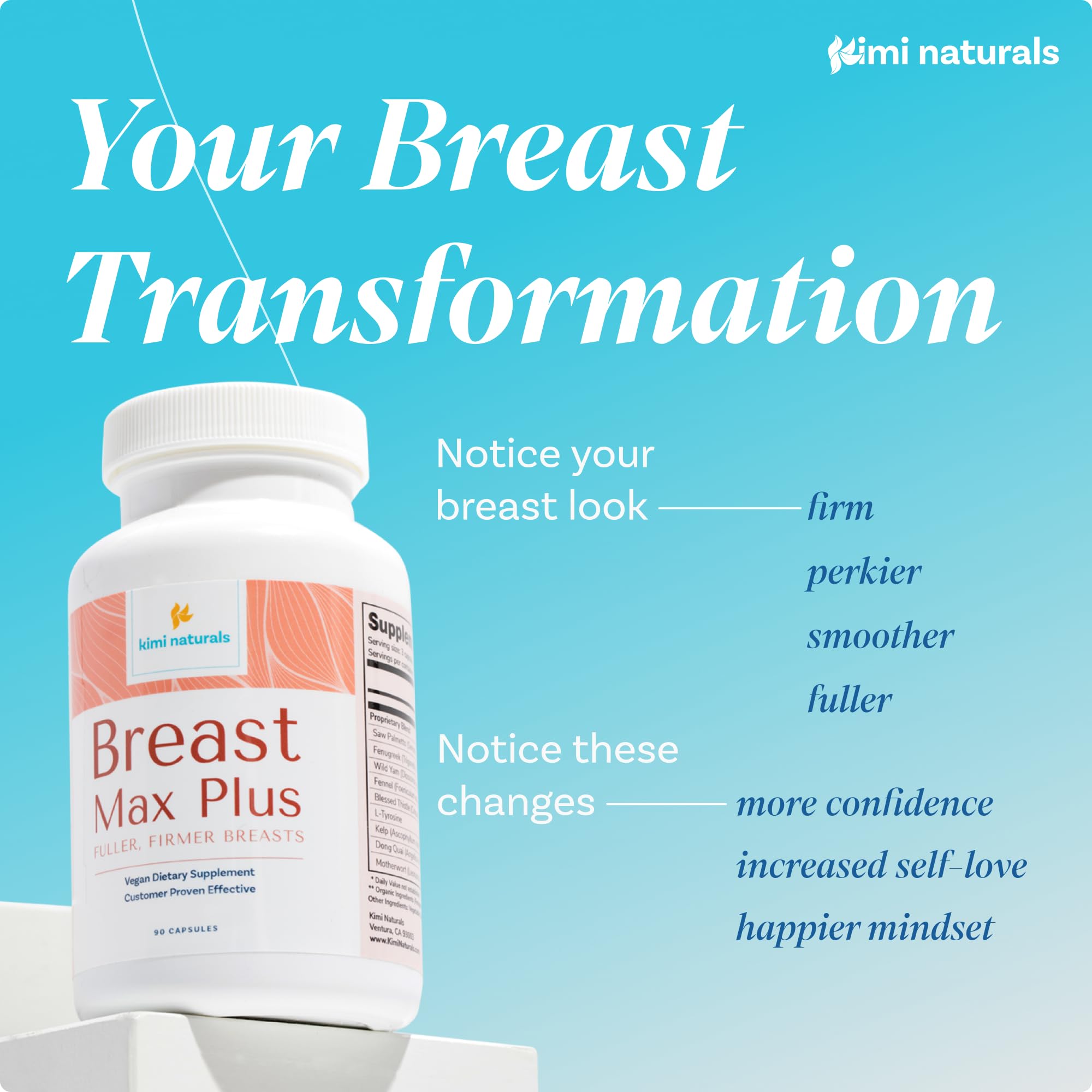 Front packaging of KIMI Naturals Breast Max Plus box and bottle