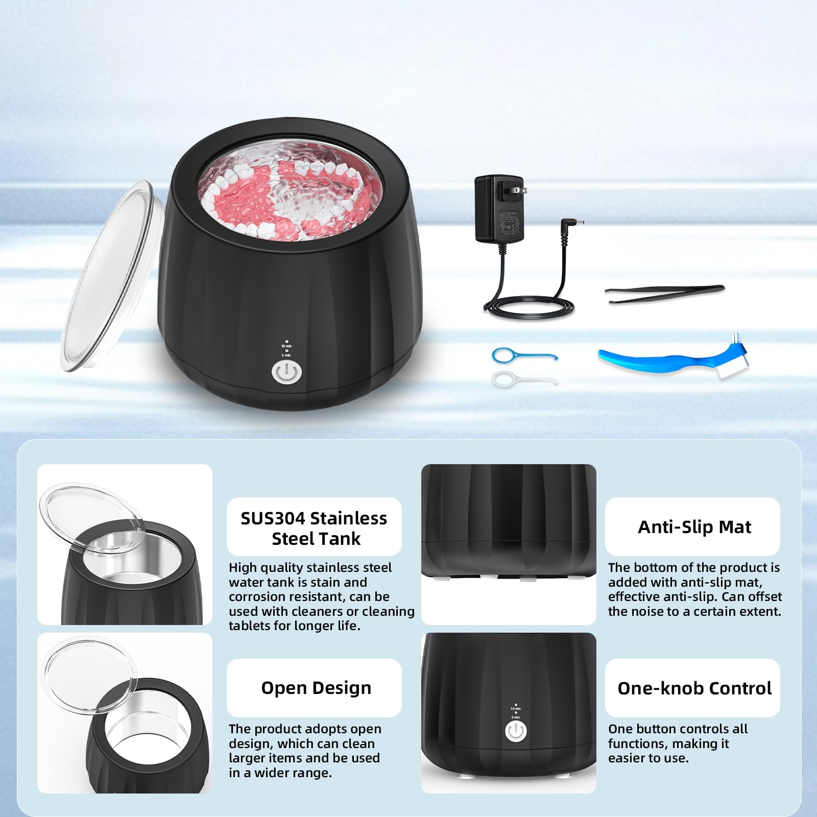 Cleans dentures, retainers, braces, mouth guards and jewelry