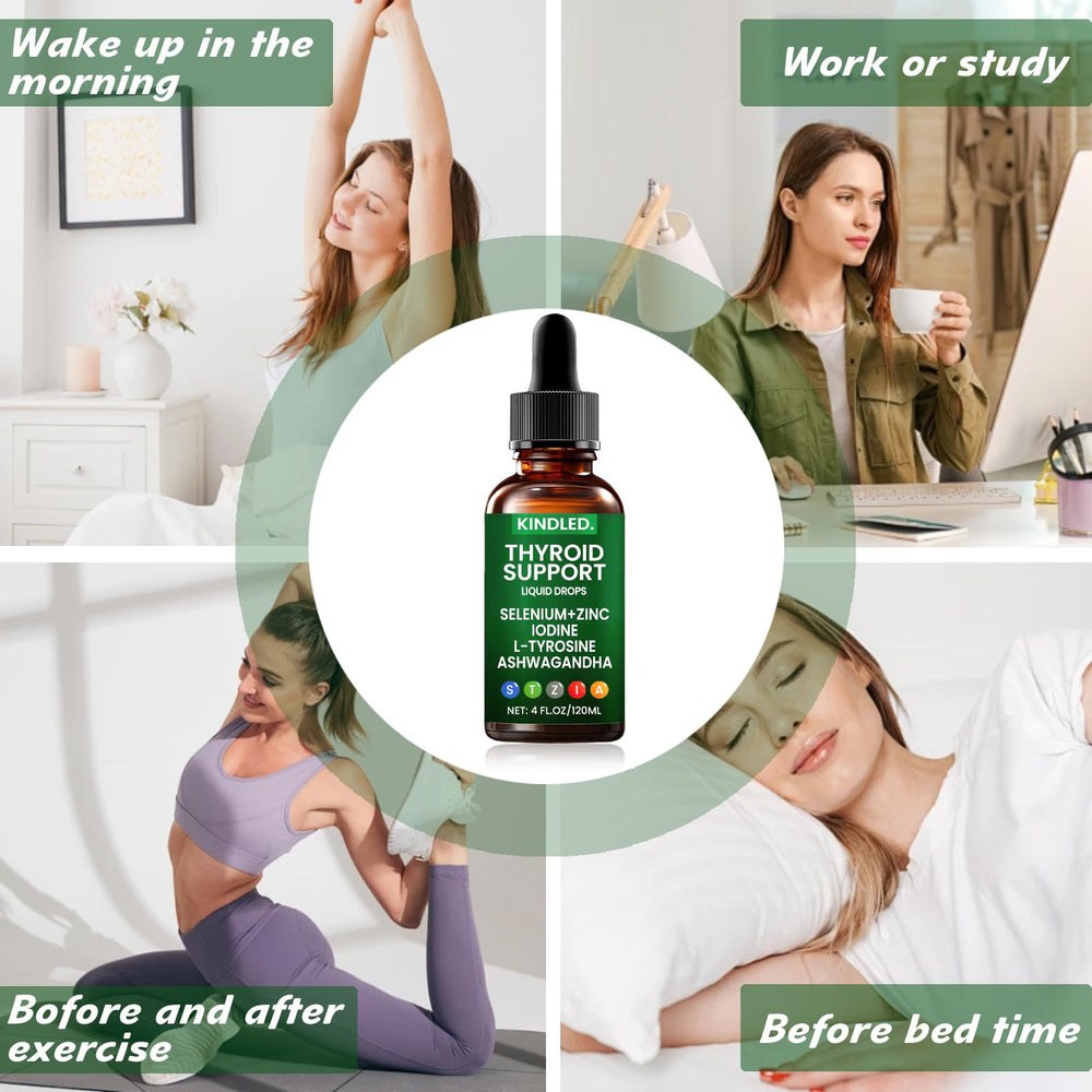 Dropper dispensing thyroid support drops into a glass