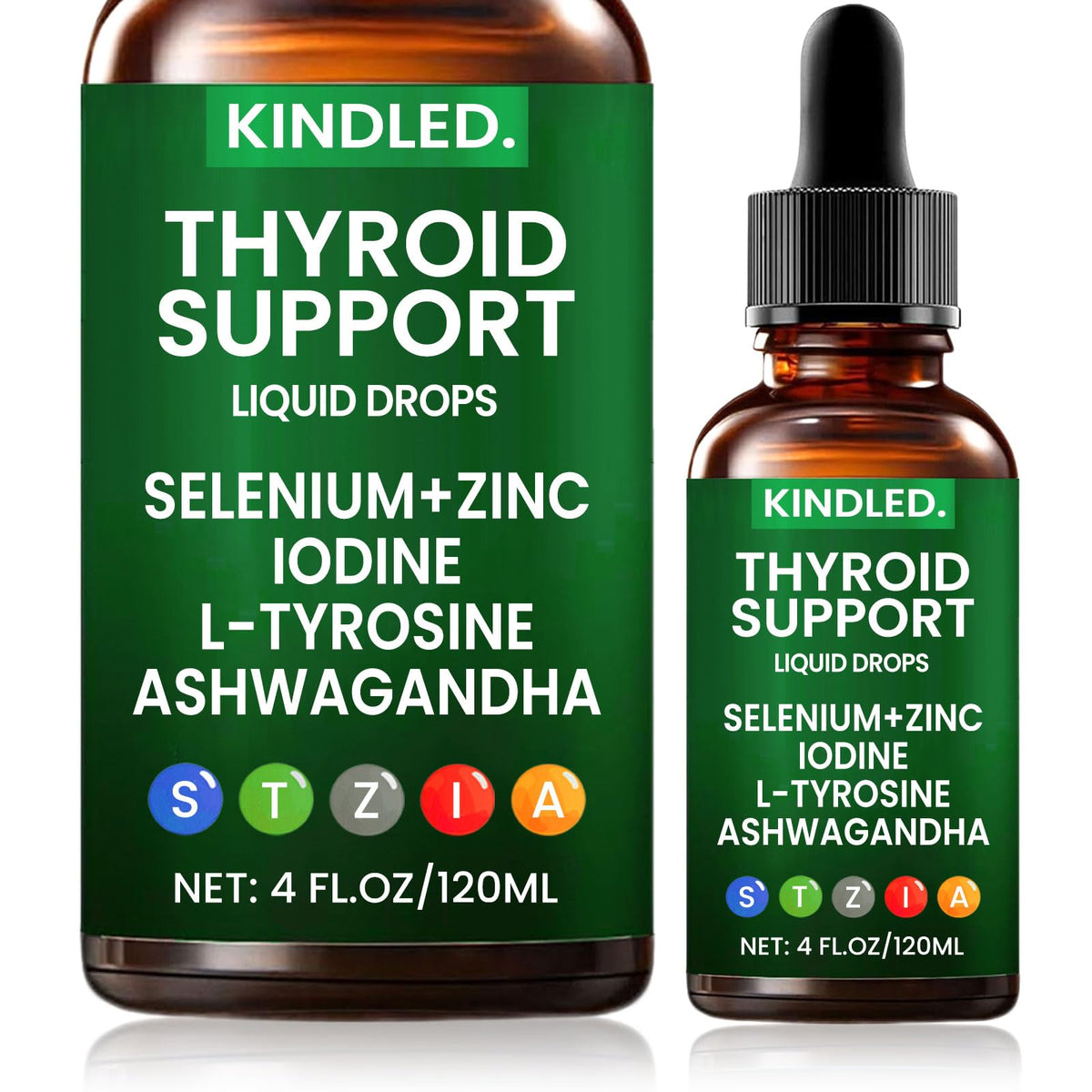 Bottle of Kindled Thyroid Support Drops with dropper on white background