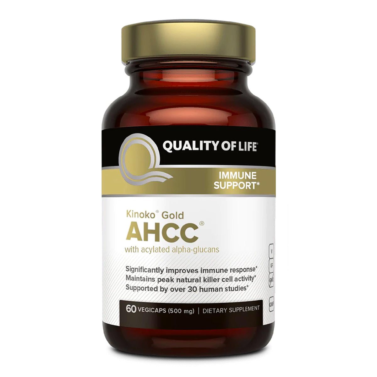 Front view of Quality of Life Kinoko Gold AHCC supplement bottle with 60 vegan capsules