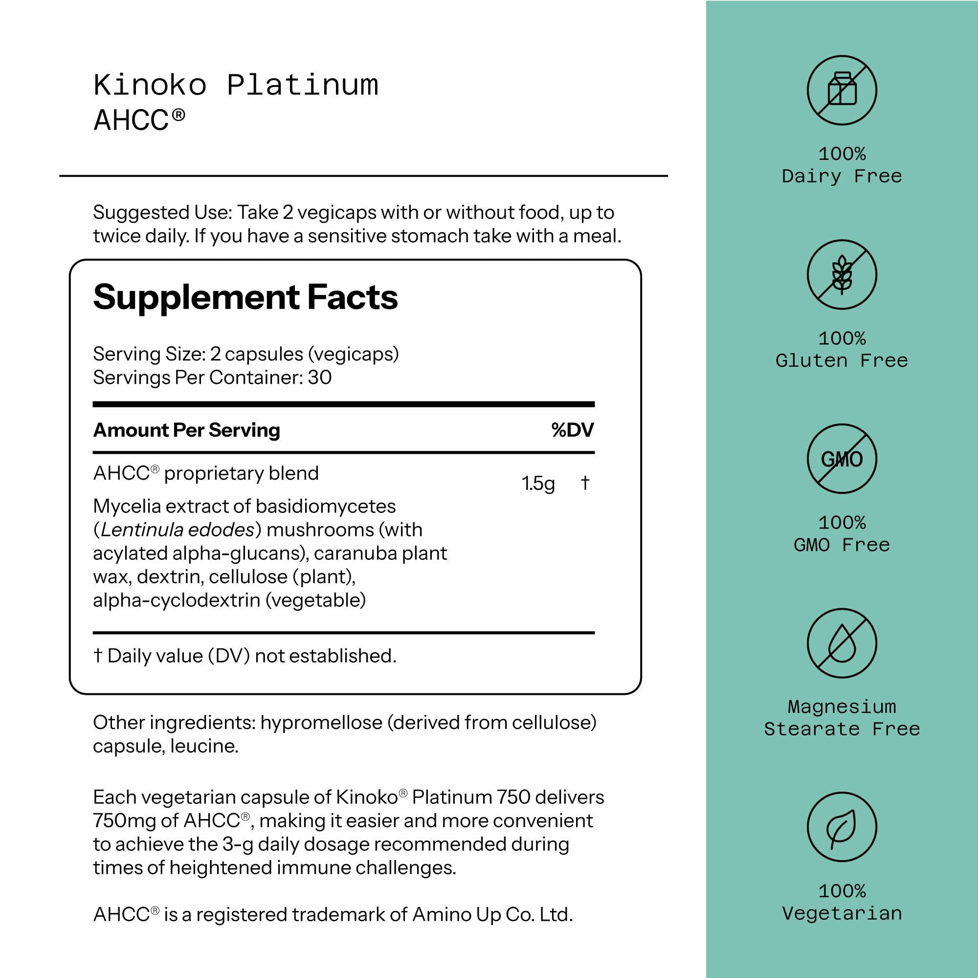 Kinoko Platinum capsules closeup highlights 750 mg per capsule for convenient daily dosing.