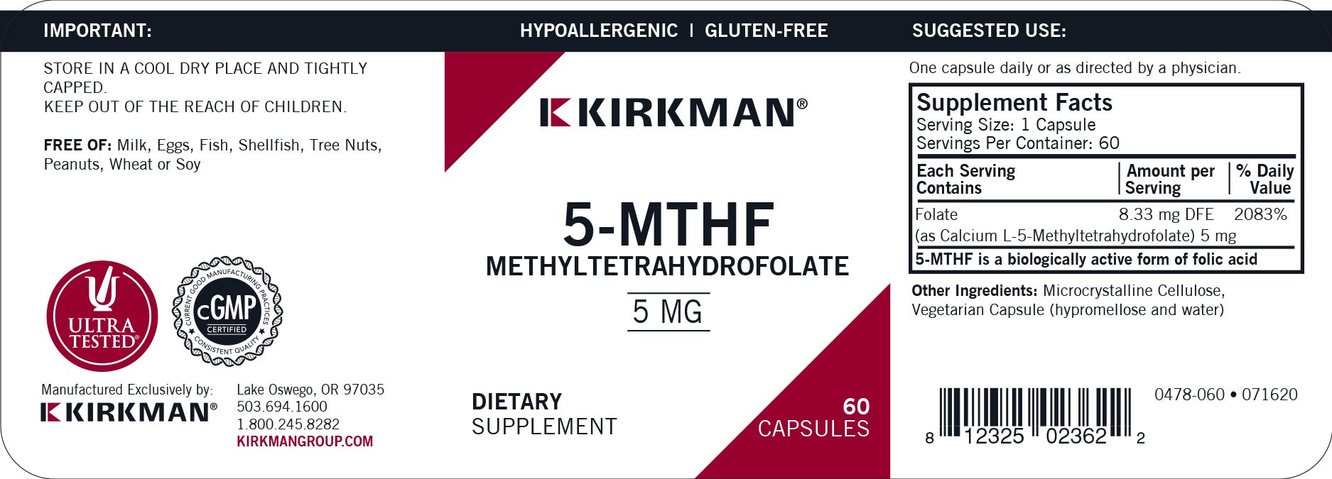 Close-up of Kirkman 5-MTHF packaging and ingredients