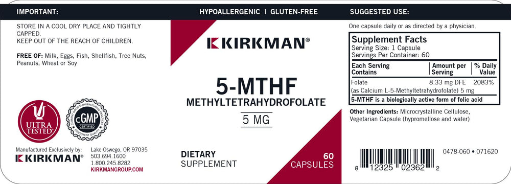 Close-up of Kirkman 5-MTHF packaging and ingredients