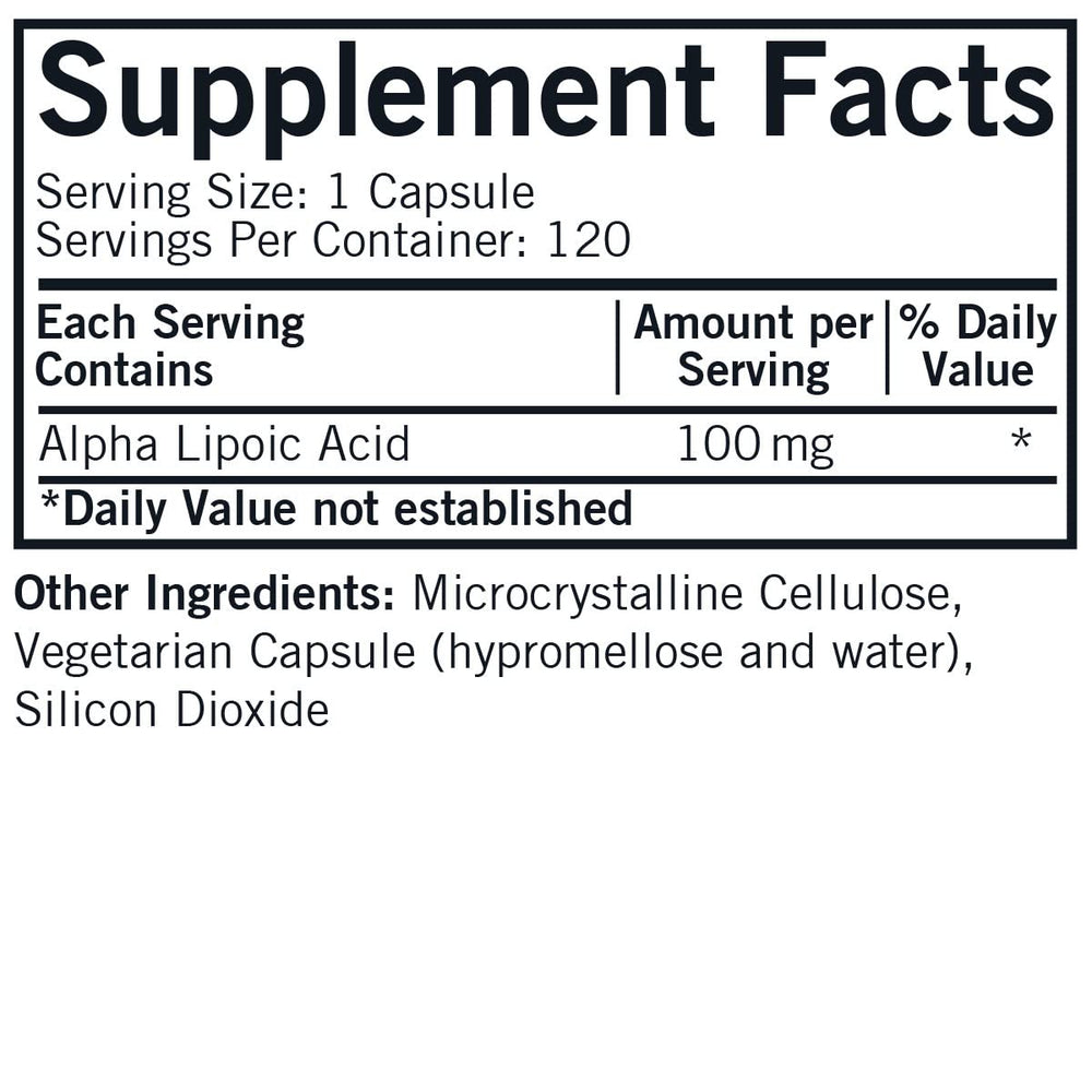 Front view of Kirkman Alpha Lipoic Acid bottle with label