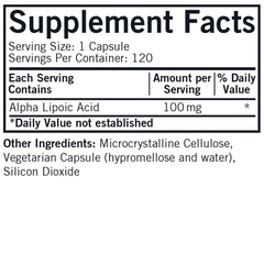 Front view of Kirkman Alpha Lipoic Acid bottle with label