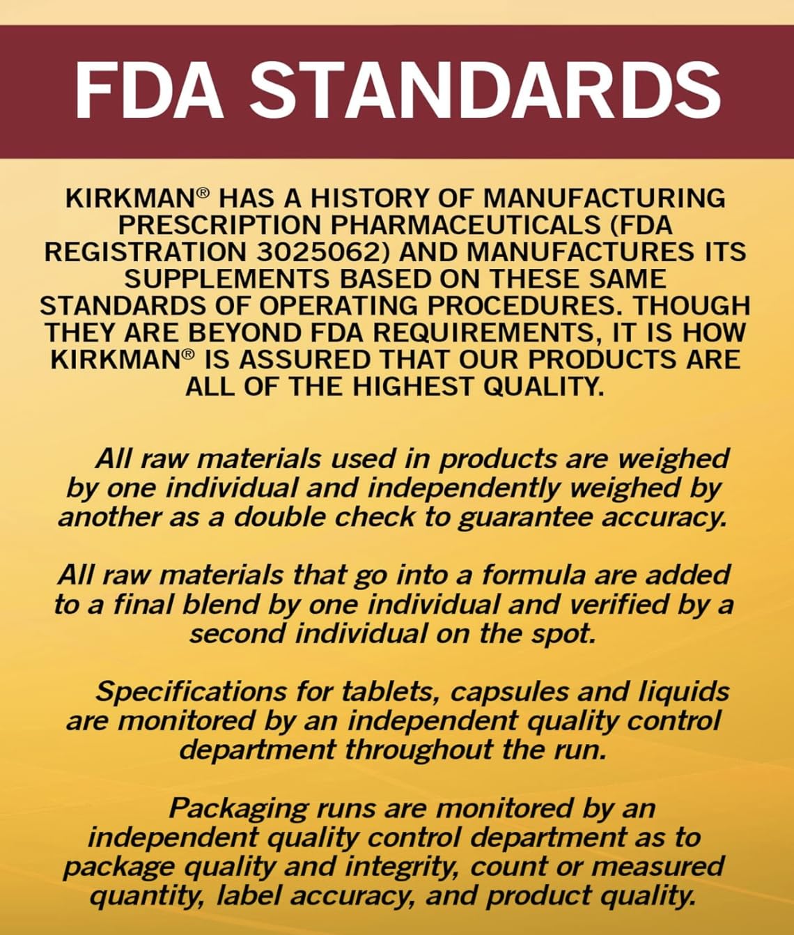Ingredients and allergen-free label of the Kirkman product