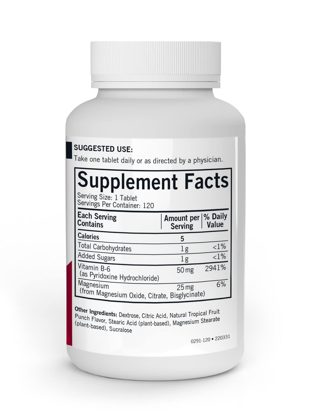 Label and bottle of Kirkman Vitamin B6 with Magnesium chewable tablets