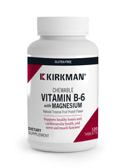 Front view of Kirkman Vitamin B6 with Magnesium 120 chewable tablets bottle