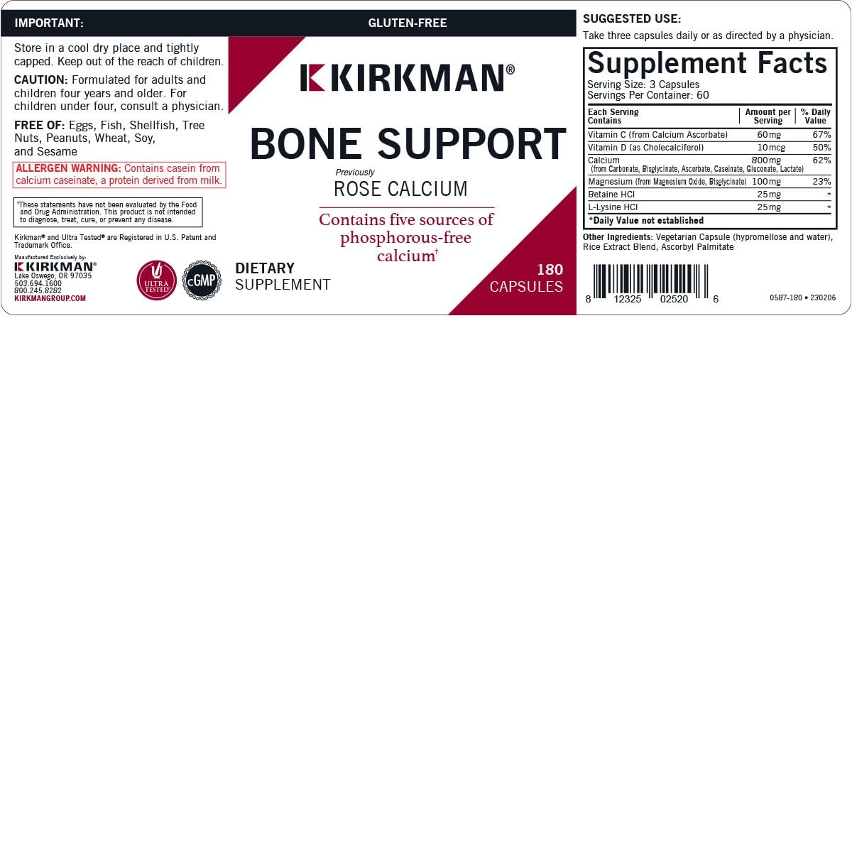 Close-up of Kirkman Bone Support bottle and its capsules on a white background