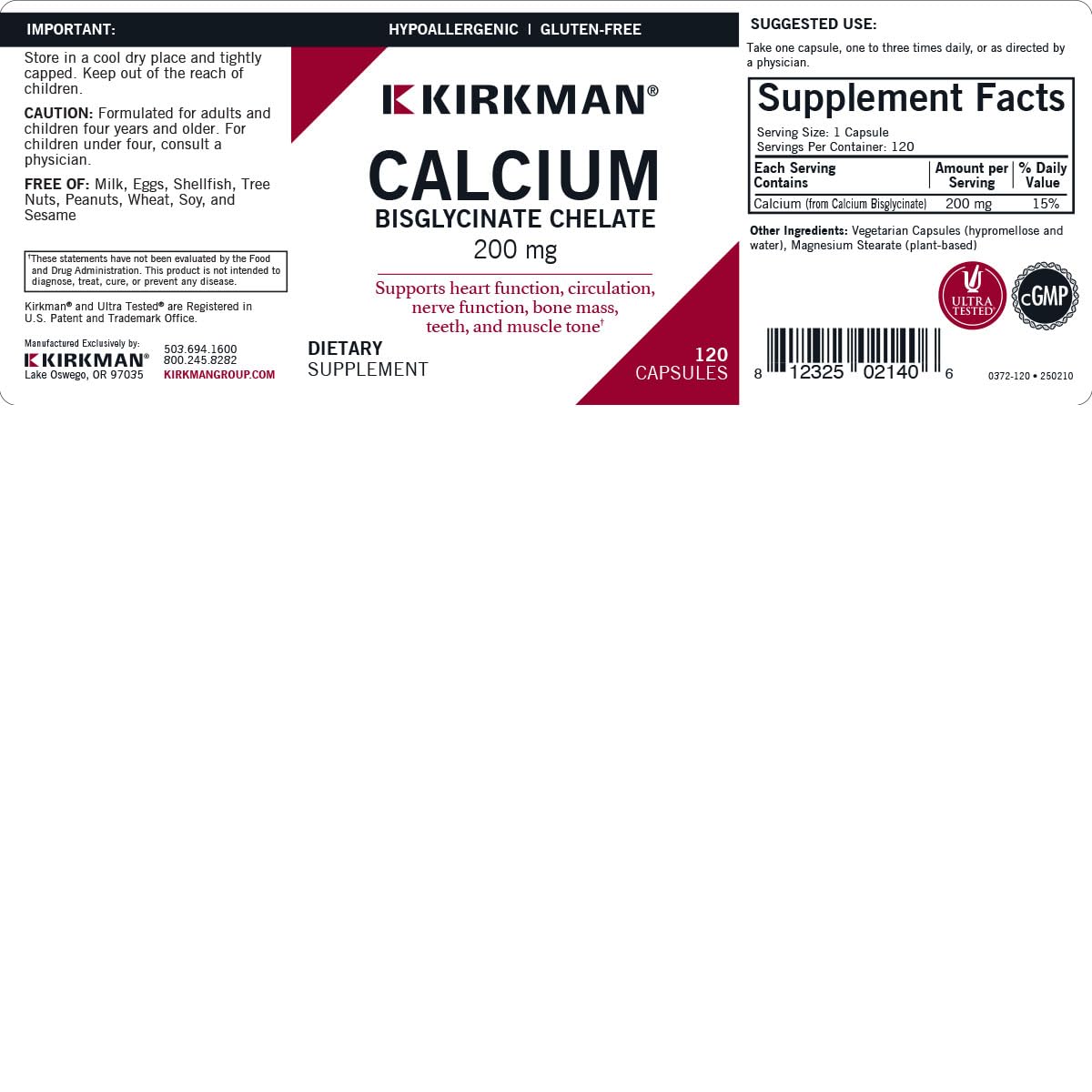 Supplement facts and ingredients for Kirkman Calcium Bisglycinate Chelate