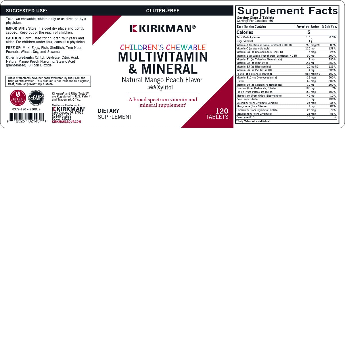 Nutrition facts panel for Kirkman Children's Multivitamin & Mineral (120 tablets)
