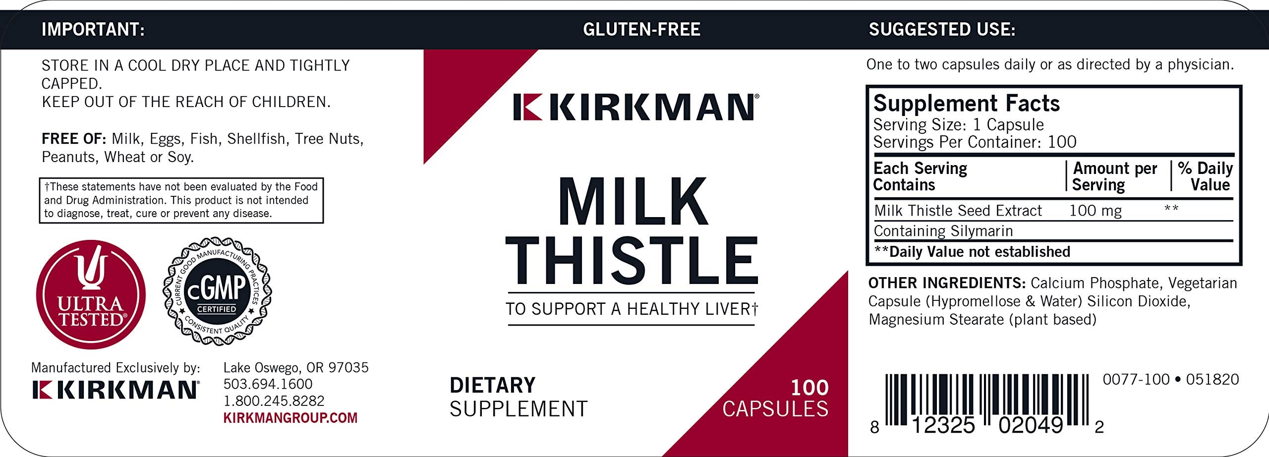 Milk Thistle 100 mg capsules showing silymarin complex (silybin, silydianin, silychristin)