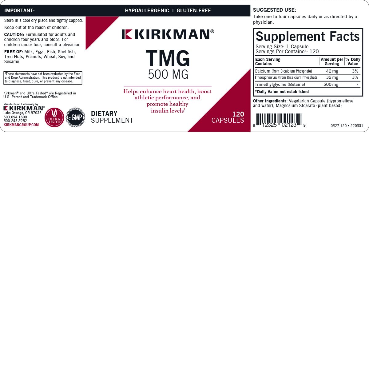 Close-up of Kirkman TMG 500 mg capsules beside bottle