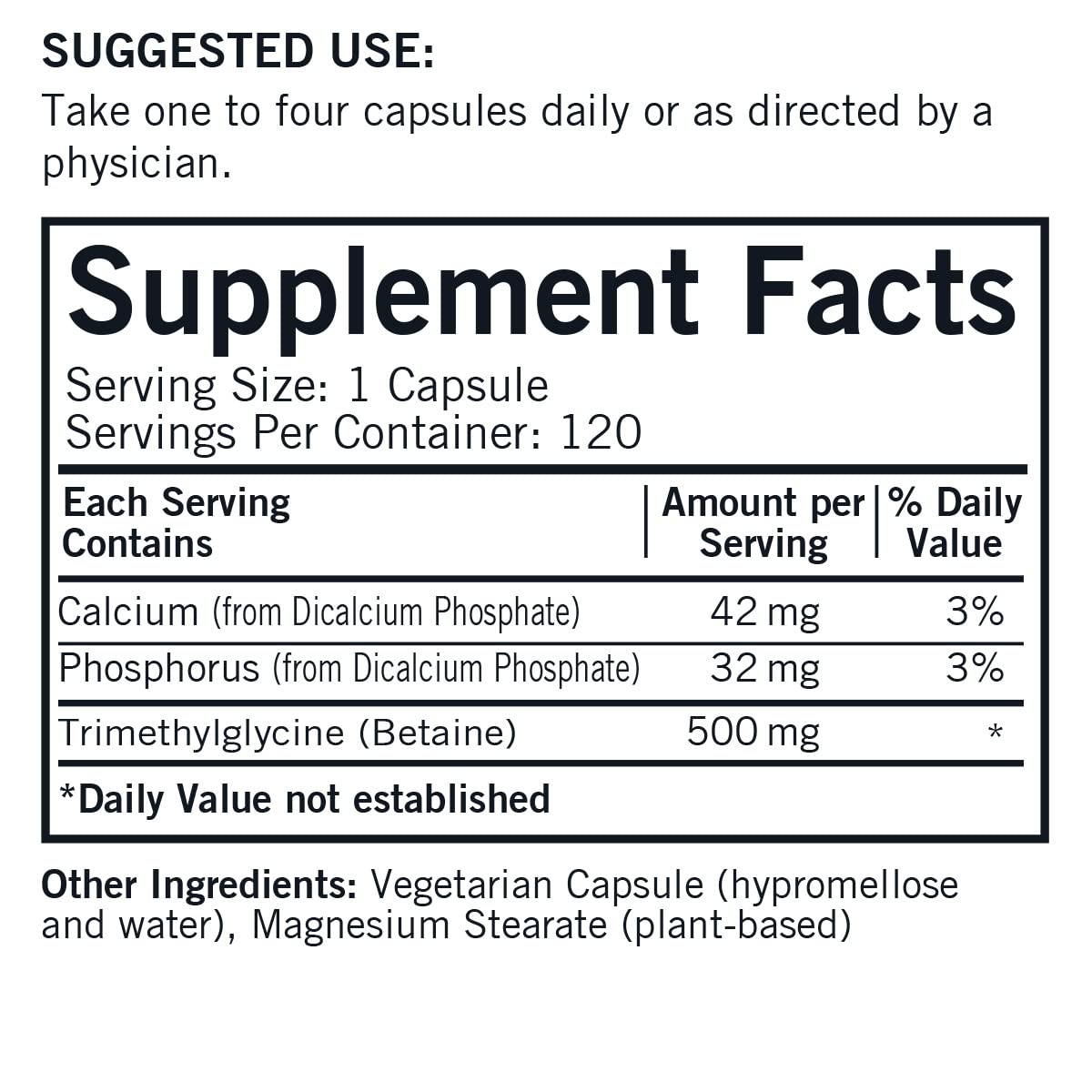 Front view of Kirkman TMG 500 mg bottle – 120-count
