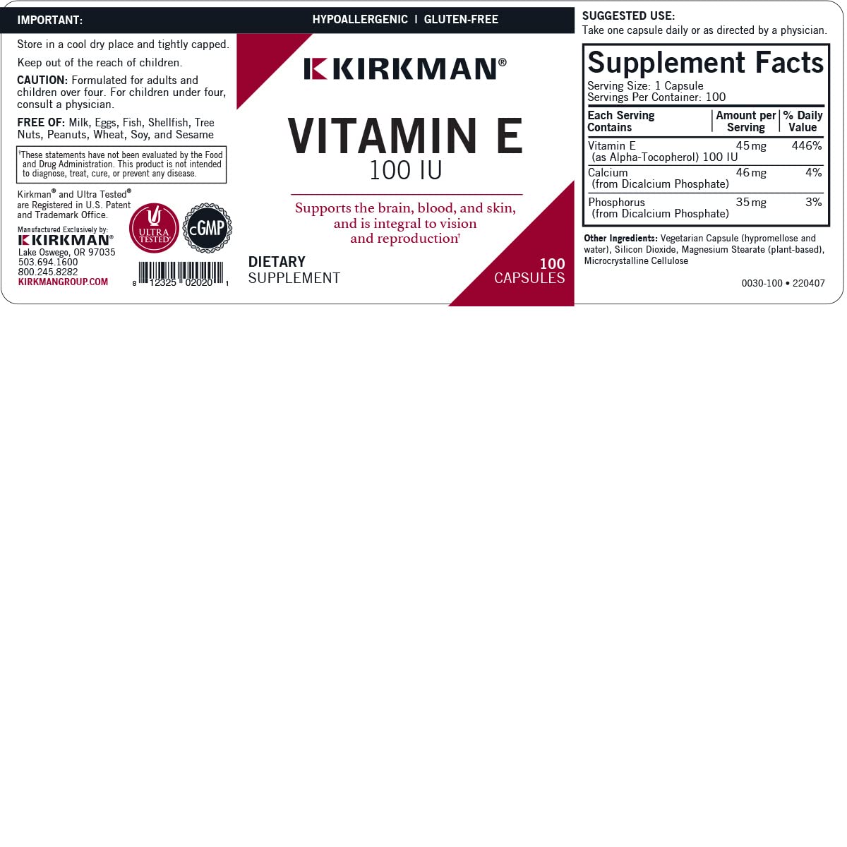 Plant-based capsules and label for Kirkman Vitamin E 100 IU