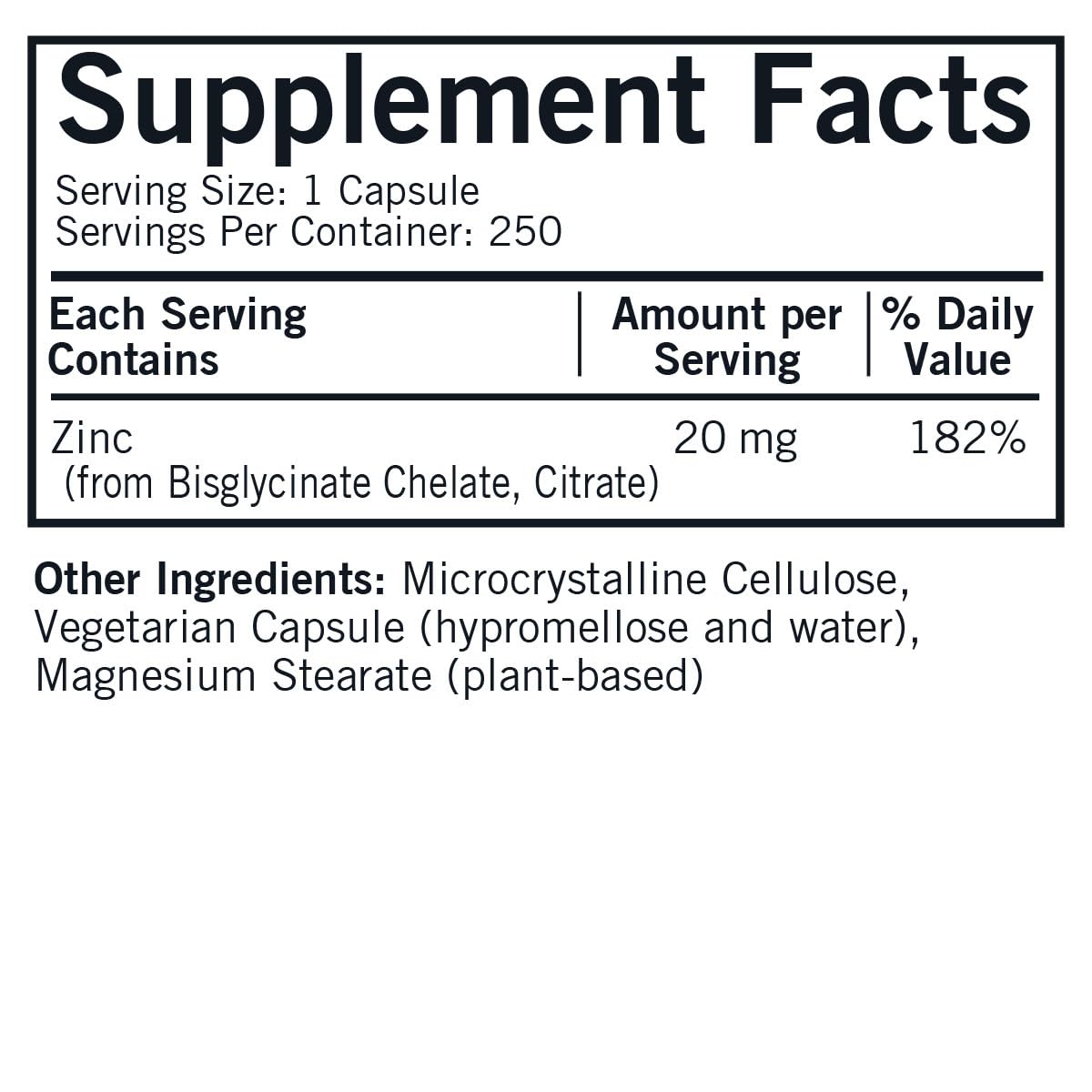 Kirkman Zinc 20mg bottle with nutrition facts label