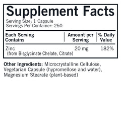 Kirkman Zinc 20mg bottle with nutrition facts label