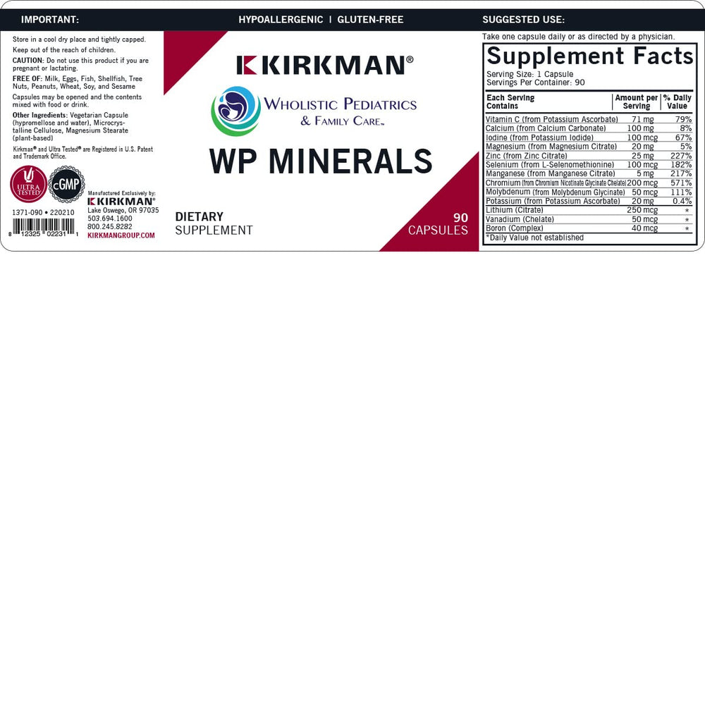Close-up of Kirkman WP Minerals capsules (90 vegetarian capsules)