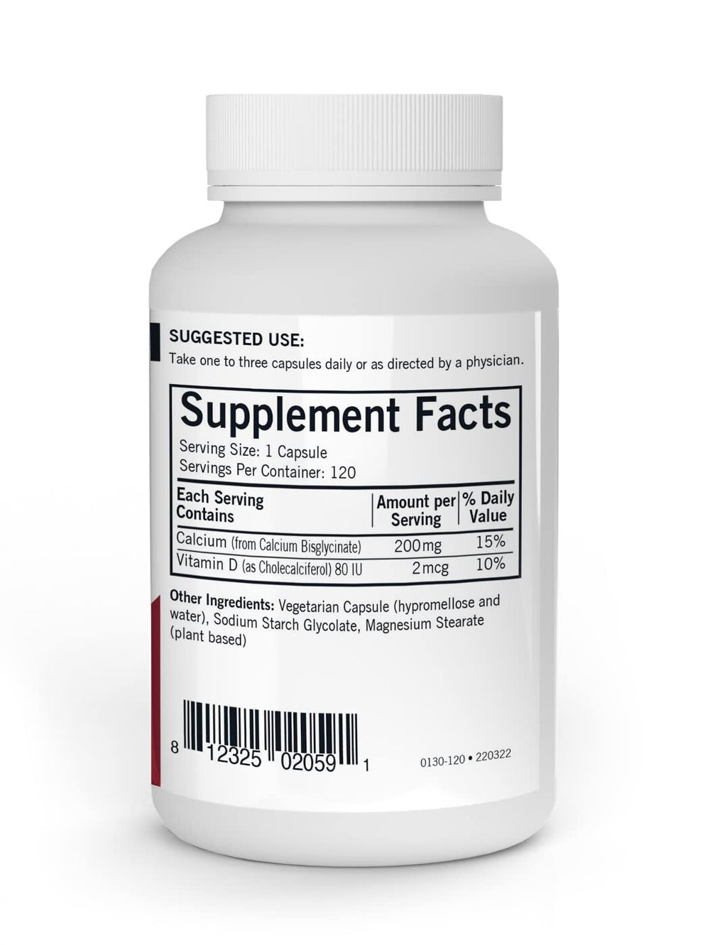 Label highlighting 200 mg calcium bisglycinate and 2 mcg vitamin D on Kirkman's bottle