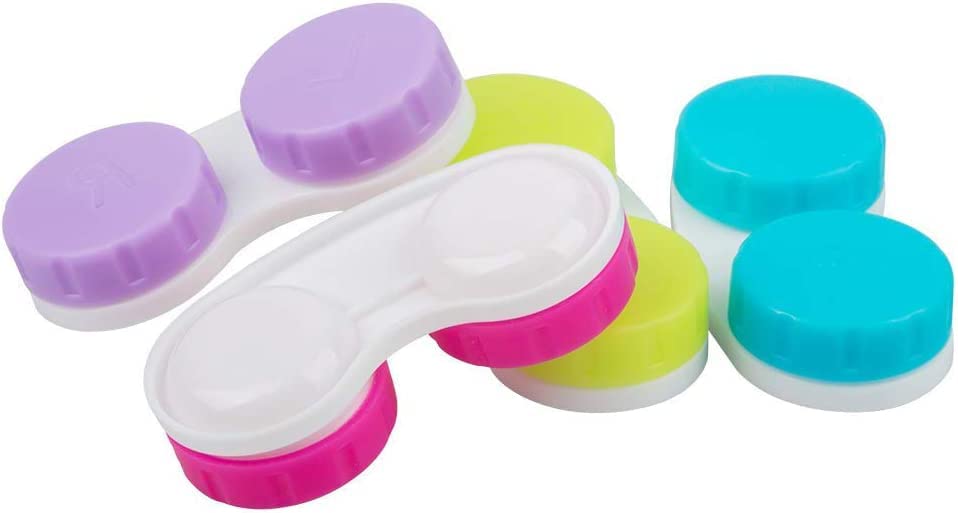 Compact travel-size lens cases in pink, blue, green, purple