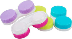 Compact travel-size lens cases in pink, blue, green, purple