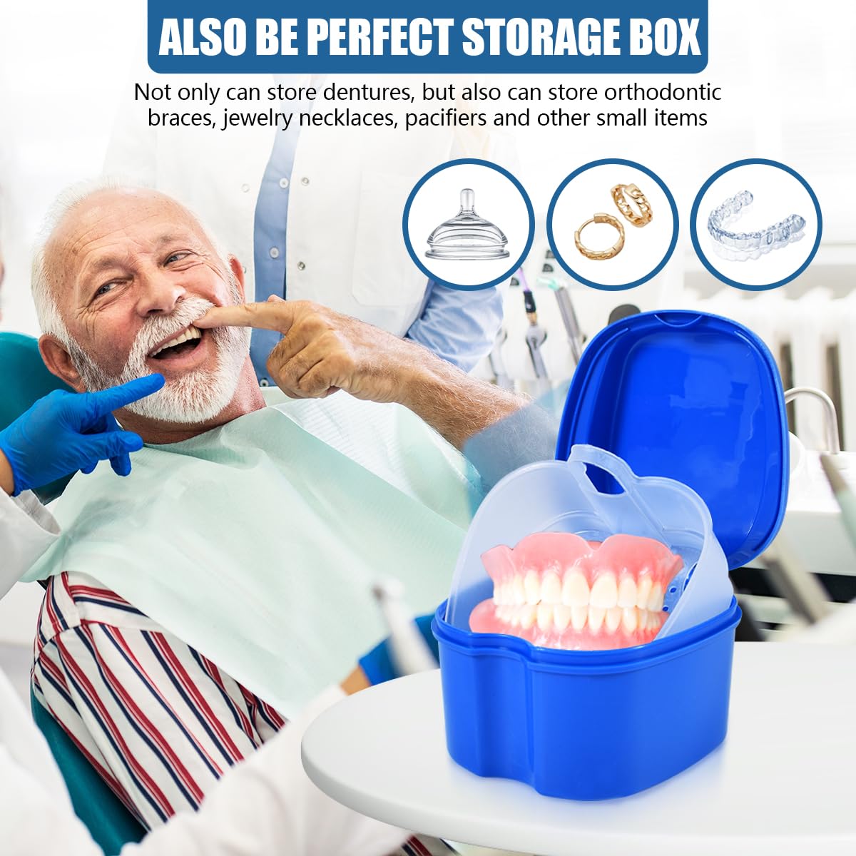 Denture bath case basket with holes and hook for drainage
