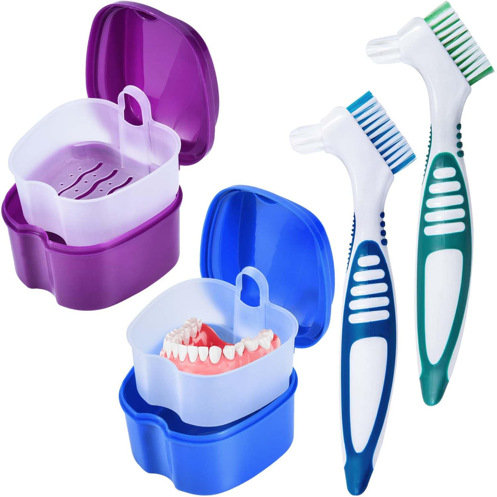 KISEER denture bath case in blue and purple, front view
