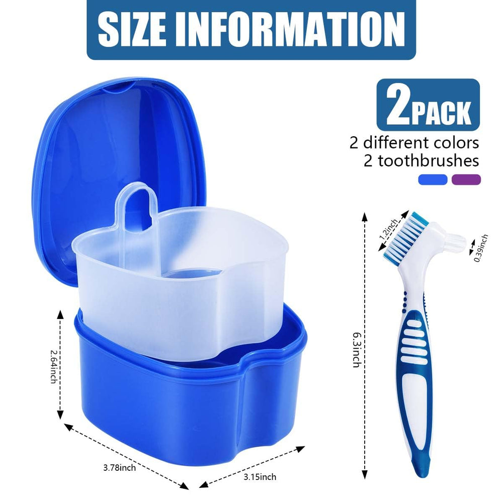 Open denture bath case in blue and purple showing interior