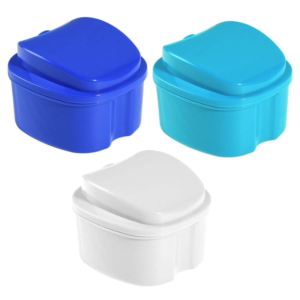 KISEER 3 Pack Denture Bath Case set in white, blue, and light blue