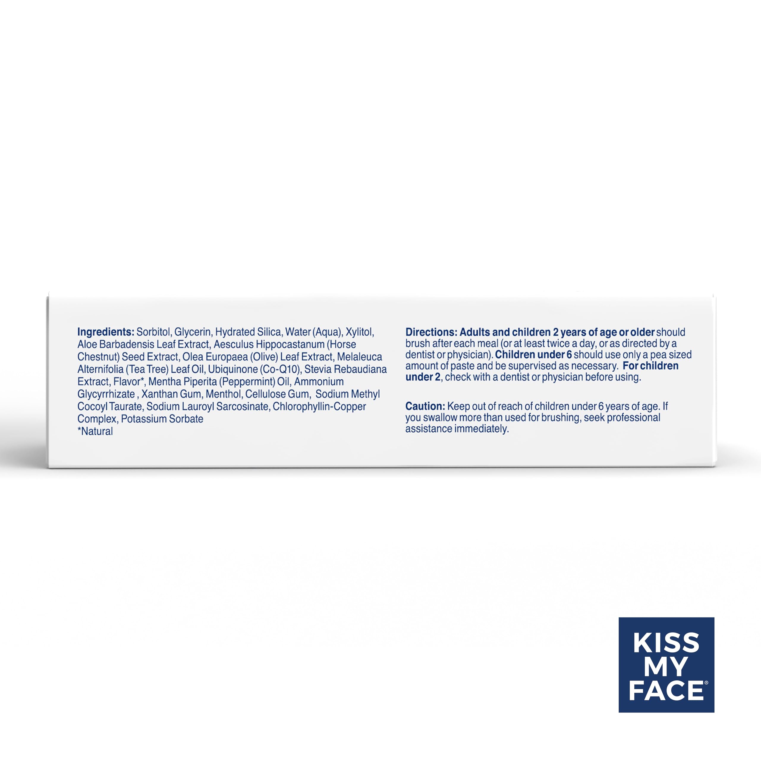 Vegan, SLS-free, BPA-free label on Kiss My Face toothpaste packaging