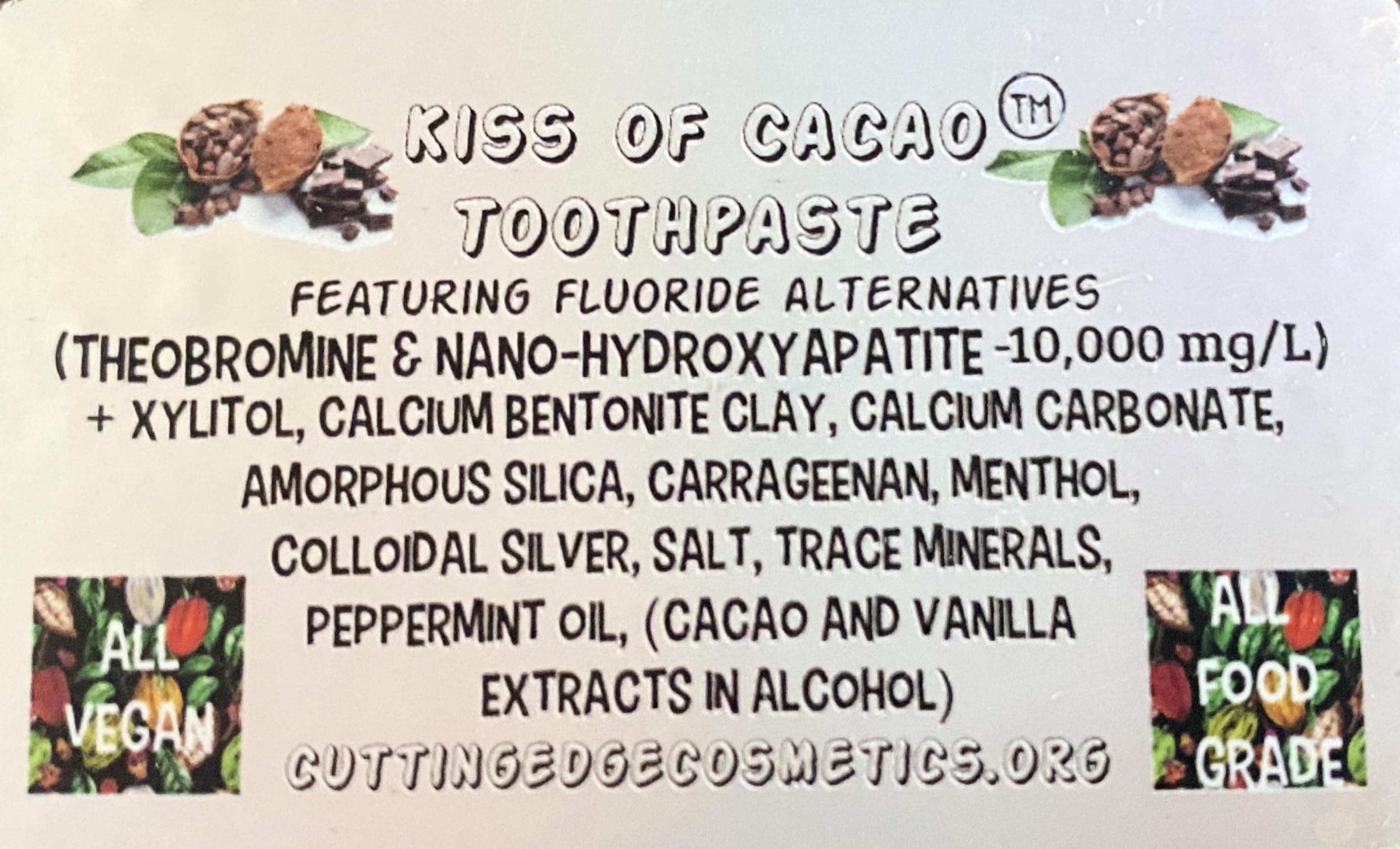 Toothpaste formula showing theobromine and nano hydroxyapatite