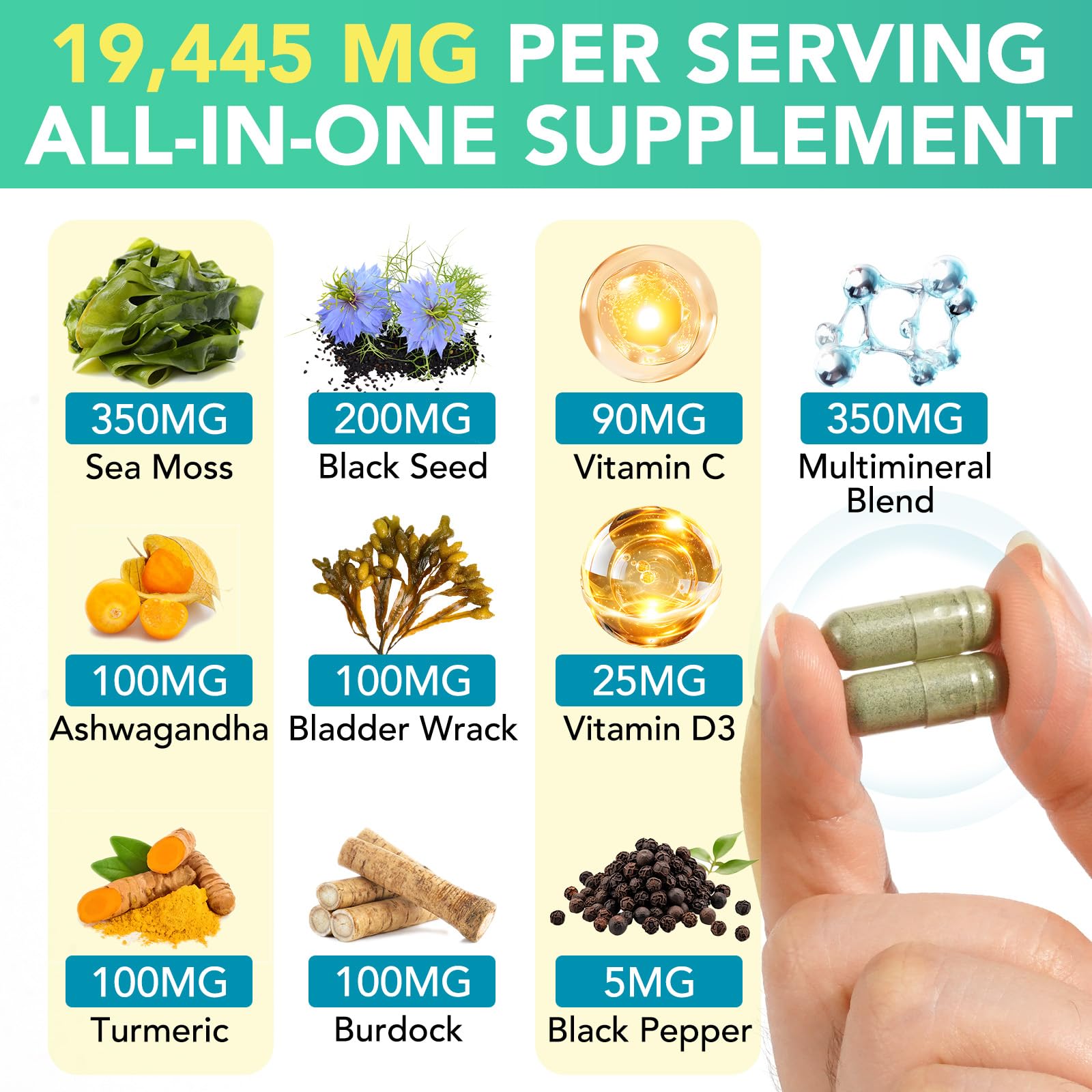 Ashwagandha, ginger, turmeric, burdock root and bladderwrack for a comprehensive supplement