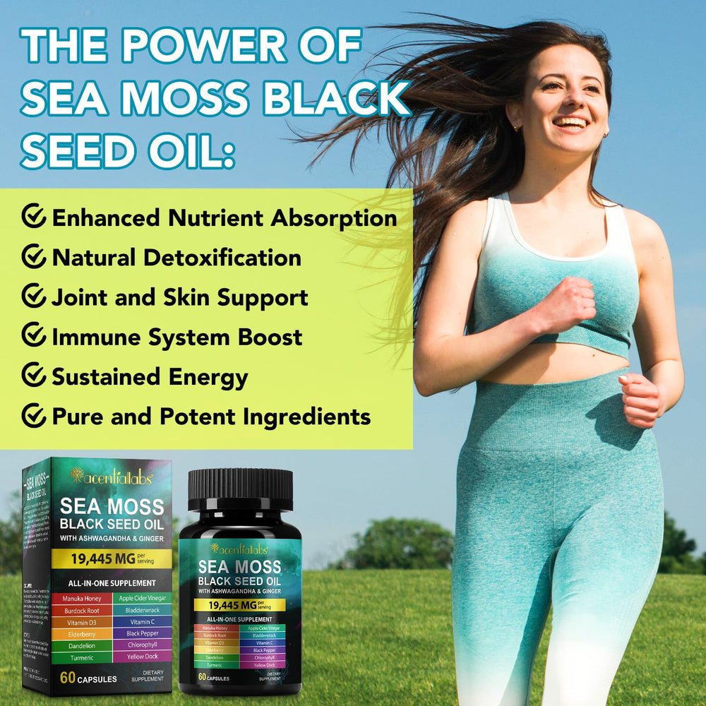 Ingredient blend: sea moss, black seed oil, ashwagandha, ginger, turmeric and burdock root