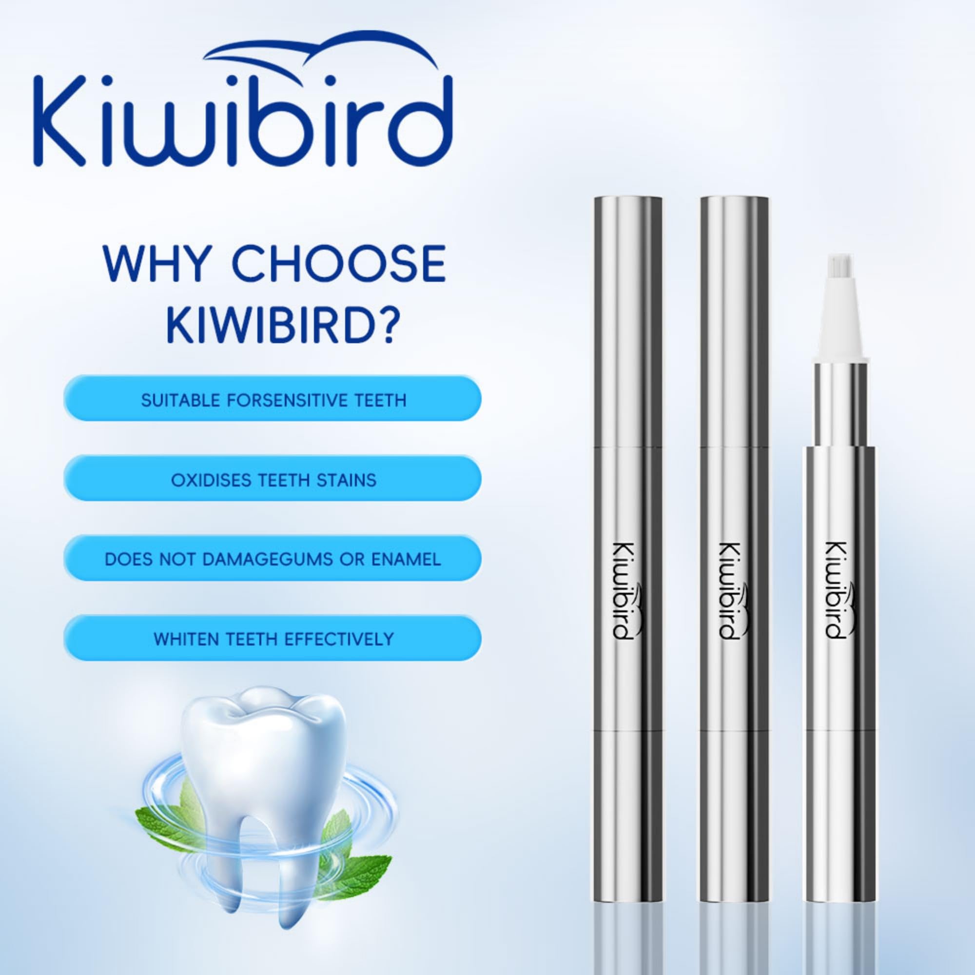 Kit contents layout: pens, shade guide, mouthpiece